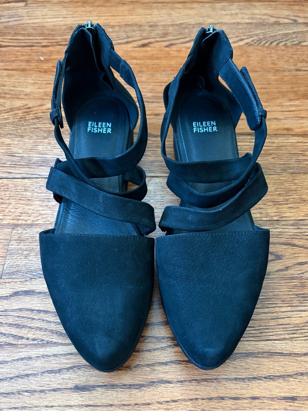 Eileen Fisher Bovery Black Leather Cross-Band Easy Wedge Sandal Size 9.5